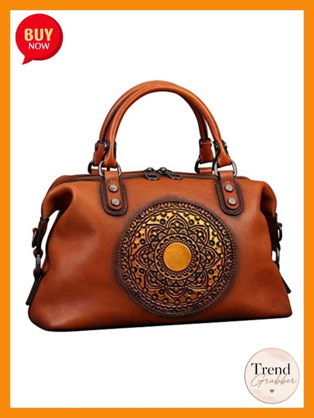Genuine Leather Crossbody Tote Bag with Mandela Design